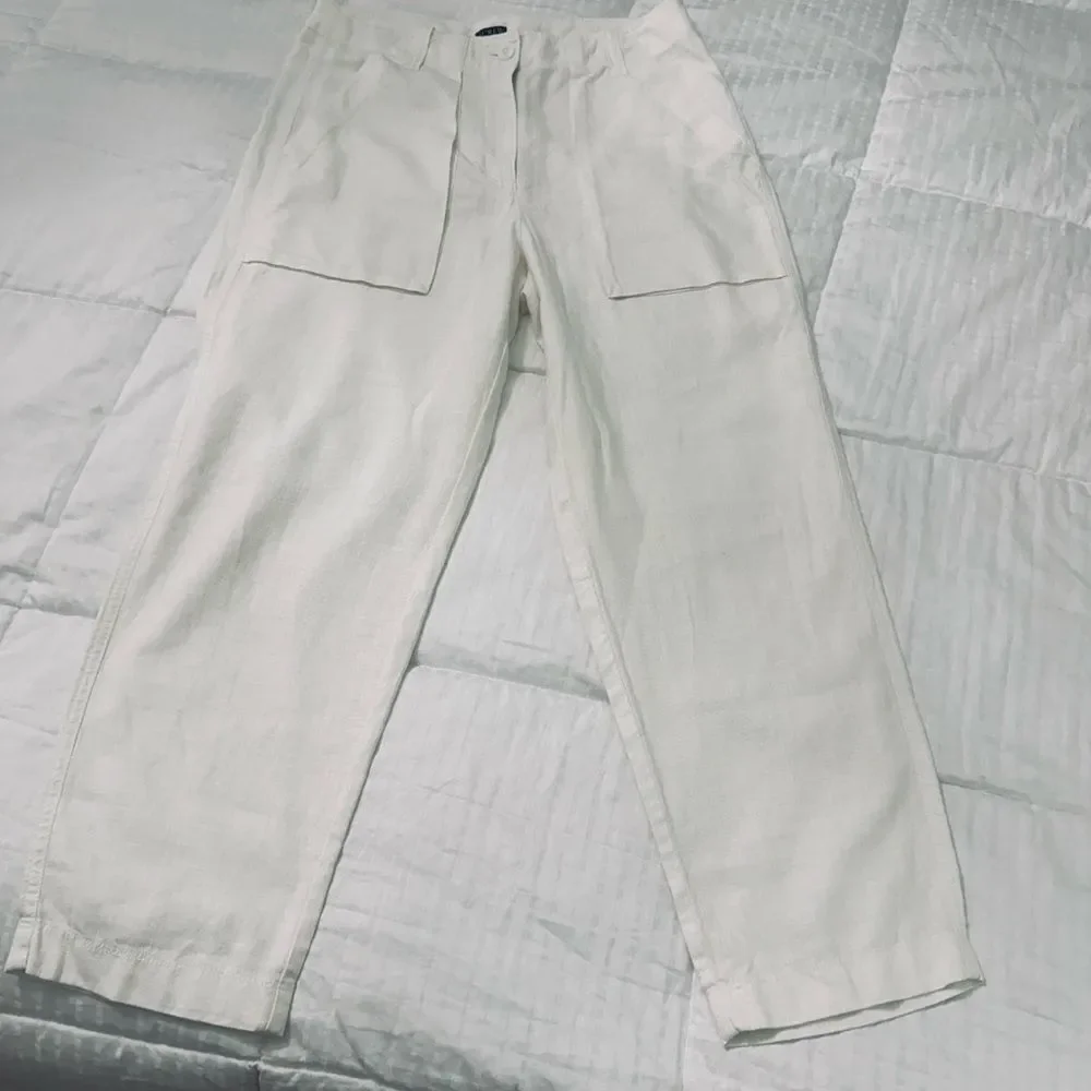 J.Crew Linen Lyocell Utility Pants 6P Ivory Tapered Pocket Front Flat Front